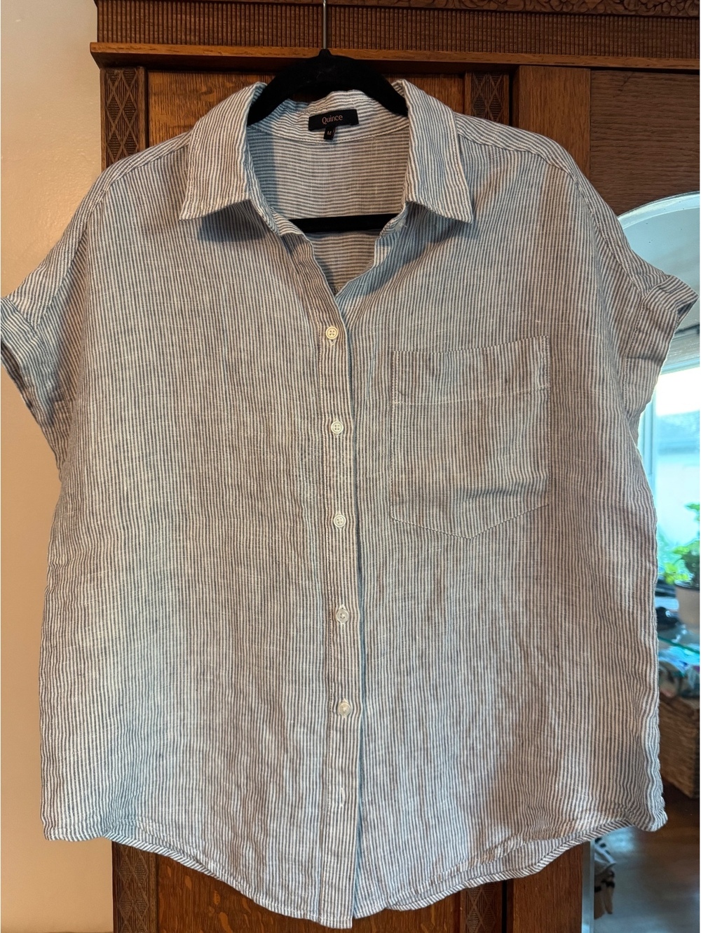 Quince Blue White Striped Linen Short Sleeve Shirt M